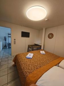 a bedroom with a bed with two towels on it at Bei s' Herrs in Rheinmunster