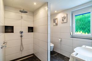 a bathroom with a shower and a toilet at Bei s' Herrs in Rheinmunster +25 photos