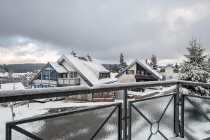 a view from the balcony of a house in the snow at Schwarzwaldblick D App 8 mit Pool in Schönwald