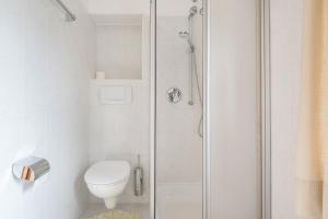 a white bathroom with a shower and a toilet at Sallrain Hof Apartment 2 in Collalbo +26 photos