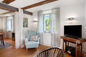 a living room with a flat screen tv and a chair at Ferienhaus Hildahüsli in Badenweiler