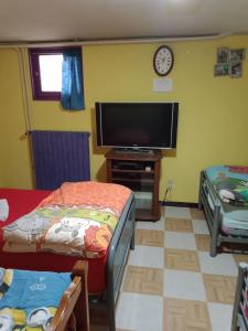 a living room with a flat screen tv and two beds at Maison entière Garage et parking in Montluçon