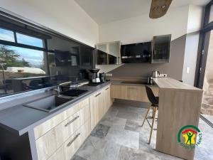 a kitchen with a sink and a counter at Gite Sublime Spa, Piscine Indoor in Mostuéjouls