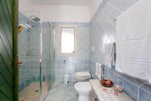 a blue tiled bathroom with a toilet and a shower at Casa Francesco in Orosei +12 photos