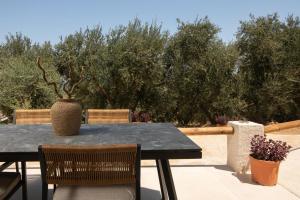a black table with two chairs and a potted plant at Cossoro Cave Villa in Vasilikos