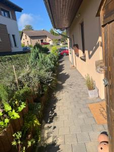 a walkway next to a house with plants at Plätzchen am Krebsberg in Simmerath