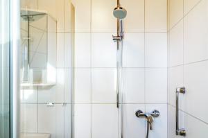a bathroom with a shower with a glass door at Twistesee Ferienhaus 36 in Bad Arolsen +29 photos