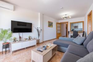 a living room with a blue couch and a tv at Piso Haza in Haza del Trigo