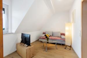 a living room with a couch and a tv at Ferienwohnung Weinbergblick in Auggen