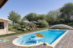 a swimming pool with a toy shark in a backyard at Gîte Bricabroc 2 adultes 2 enfants in Noyant