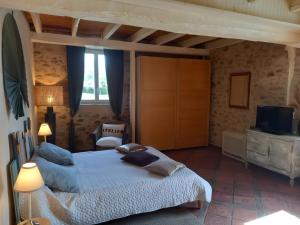 a bedroom with a large bed and a television at Les Vallons du Lot in Gorses
