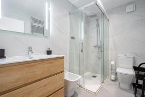 a white bathroom with a shower and a toilet at Comarca del Sella in Arriondas +15 photos