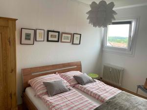 a bedroom with a bed with two pillows and a window at Guck zum Bodensee in Uhldingen-Mühlhofen +10 photos