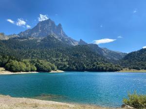 a view of a lake with a mountain in the background at Le Domaine du Lary in Saint-Lary-Soulan