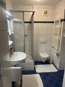 a bathroom with a shower sink and a toilet at Appartment Isabelle Terra in Lake Pressegg