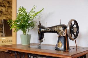 an old sewing machine sitting on a table with a plant at Ferienwohnung Haus Eckhof in Wieden