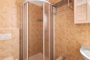 a shower with a glass door in a bathroom at Agriturismo Quinto Quarto in Grosio