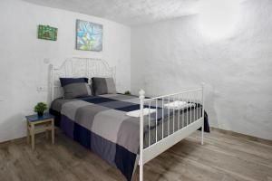 a bedroom with a bed with a white and blue comforter at Ca' Navarro in Vega de San Mateo +20 photos