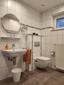 a bathroom with a sink and a toilet and a mirror at Haus Nietmann Ferienwohnung 1 in Altenau +8 photos
