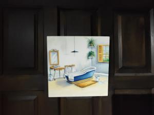 a painting of a living room with a blue couch at Casa Rural el Bac in Castellar de NʼHug +32 photos