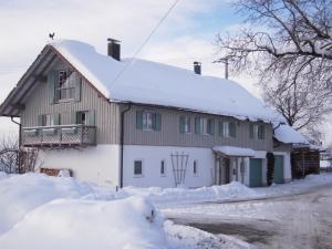 a house with snow on the roof and a snowy street at Ferienwohnung Birke in Altusried