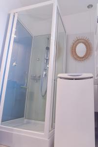 a white bathroom with a shower and a toilet at Gîte De La Voûte in Fécamp +12 photos