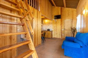 a living room with a blue couch and wooden walls at Bungalow Alós in Alós de Balaguer