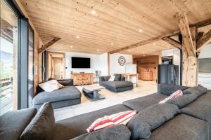 a living room with two couches and a television at Martonne - haut Roca immobilier in Châtel