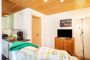 a kitchen with a couch and a tv in a room at Marie in Weiler-Simmerberg