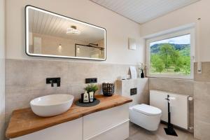 a bathroom with a sink and a toilet at Dasensteinblick in Kappelrodeck +18 photos