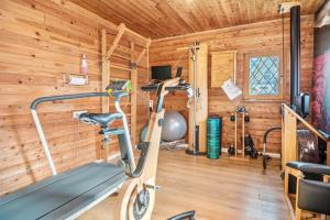 a gym with a bike in a room with wooden walls at Eifelyeti Ferienwohnung mit Sauna in Ellscheid