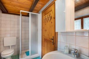 a bathroom with a sink and a toilet and a door at Piccolo Paradiso in Cogne