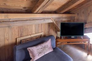a living room with a couch and a television at Mazot de Warens in Combloux