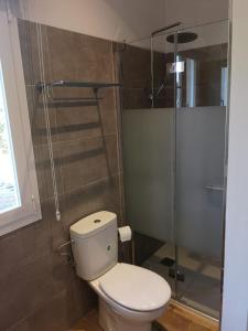 a bathroom with a toilet and a glass shower at Villa Arbona Dalt in Sóller +18 photos