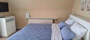 a bedroom with a bed with blue sheets and pillows at Fewo Sandbank in Pellworm +3 photos