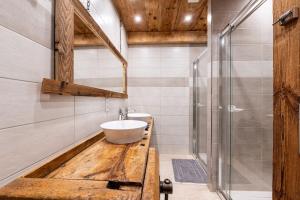 a bathroom with a sink and a glass shower at Gite Les Clapières in La Giettaz