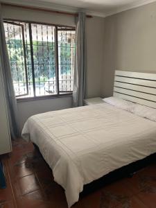 a bedroom with a large white bed and two windows at 85 Hidden Gem in Newlands