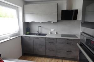 a kitchen with gray cabinets and a sink and a window at Ferienwohnung Mai, 63qm in Plettenberg +11 photos