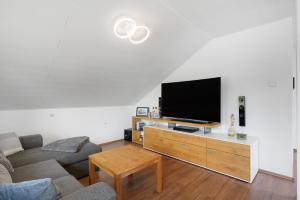 a living room with a couch and a tv at Ferienwohnung Nordschwarzwald in Altensteig