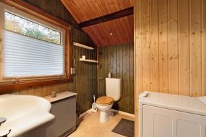 a bathroom with wooden walls and a toilet and a sink at Dänisches Tiny Haus Brekendorf in Brekendorf +14 photos