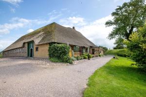 a house with a thatched roof on a gravel road at Ferienwohnung am Eiderdeich in Delve