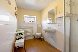 a bathroom with a toilet and a sink at Ferienwohnung am Eiderdeich in Delve +18 photos