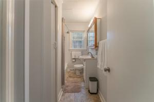 a white bathroom with a toilet and a sink at Bike Path Getaway in Town · On bike path, NEW KITCHEN,walk to St in Brevard +16 photos