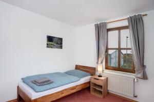 a bedroom with a bed and a window at Ferienwohnungen Annamaria in Leutkirch im Allgäu