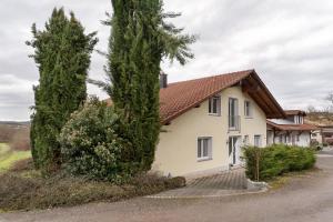 a white house with two trees in front of it at Weingut Ringwald in Herbolzheim