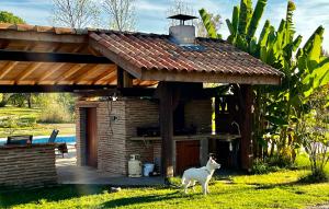 a goat standing in front of a brick building at Domaine familial, Le Parc de Gouts in Aiguillon
