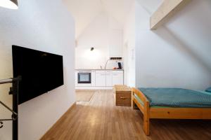 a small living room with a bed and a kitchen at Haus Hauptstrasse 23a in Bühl