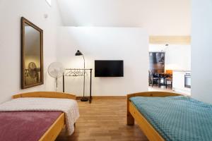 two beds in a room with a tv on the wall at Haus Hauptstrasse 23a in Bühl