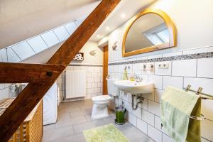 a bathroom with a sink toilet and a mirror at Ferienwohnung am Töschenbach in Hennstedt +21 photos