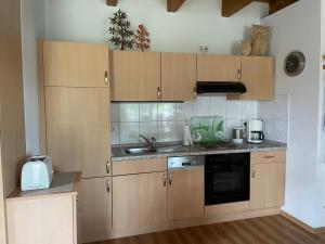 a kitchen with wooden cabinets and a sink at Uhlenhoff Boyken in Bokellerostermoor +14 photos
